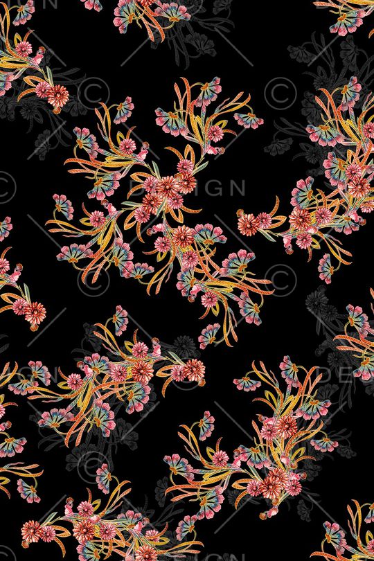 黑底花卉印花华亿平台图片