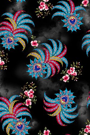 黑底花卉印花华亿平台图片