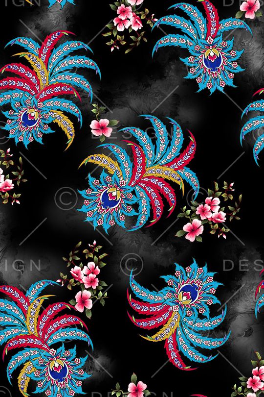 黑底花卉印花华亿平台图片