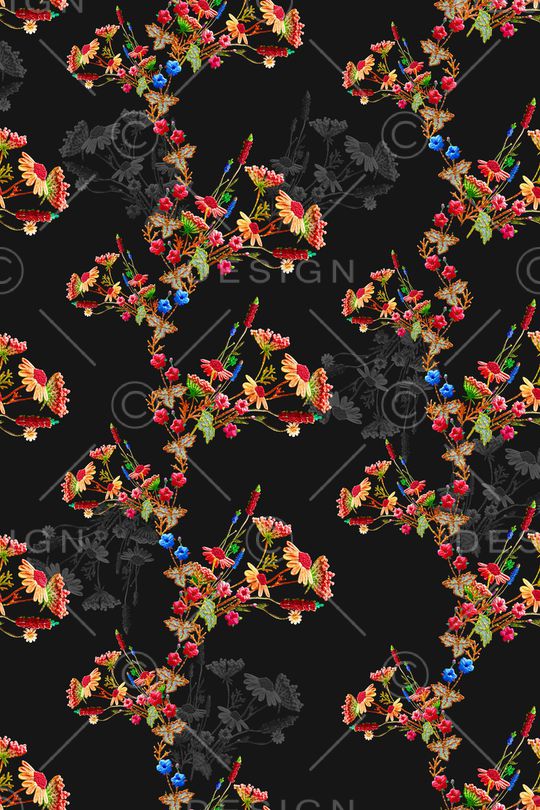 黑底花卉印花华亿平台图片