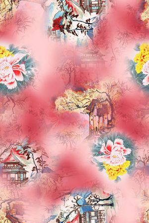 中国风古代建筑印花华亿平台图片