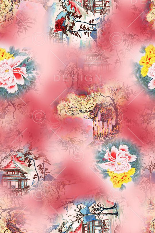 中国风古代建筑印花华亿平台图片