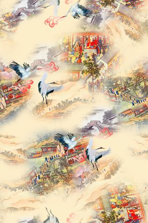 中国风古代建筑印花华亿平台图片