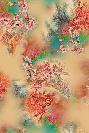 中国风古代建筑印花华亿平台图片