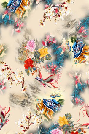 中国风古代建筑印花华亿平台图片