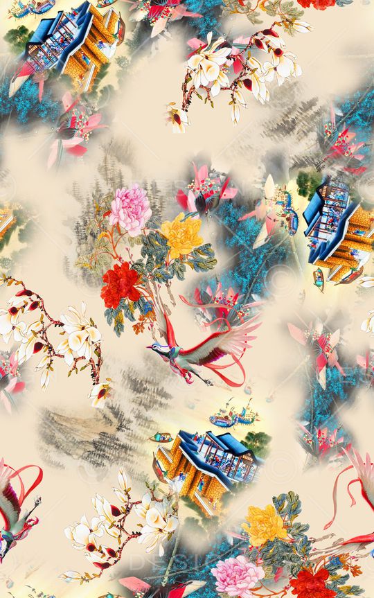 中国风古代建筑印花华亿平台图片