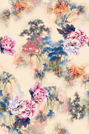 中国风古代建筑印花华亿平台图片