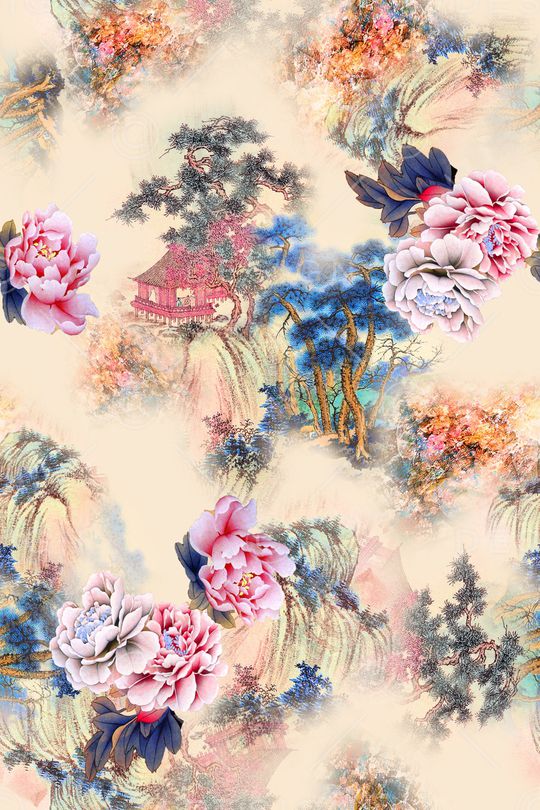 中国风古代建筑印花华亿平台图片