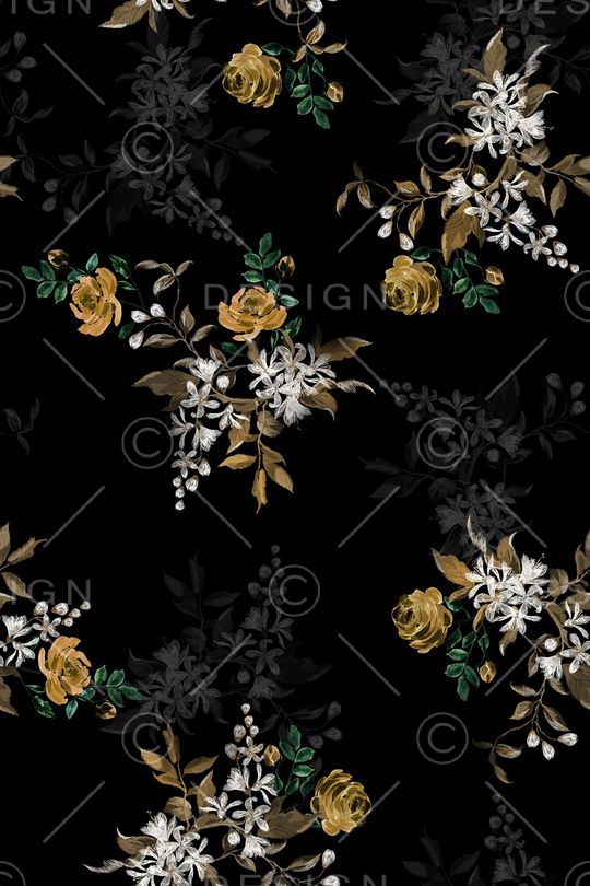 黑底花卉印花华亿平台图片