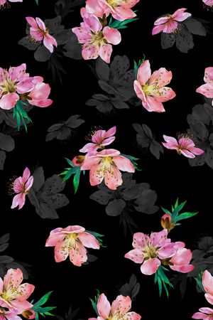 黑底花卉印花华亿平台图片