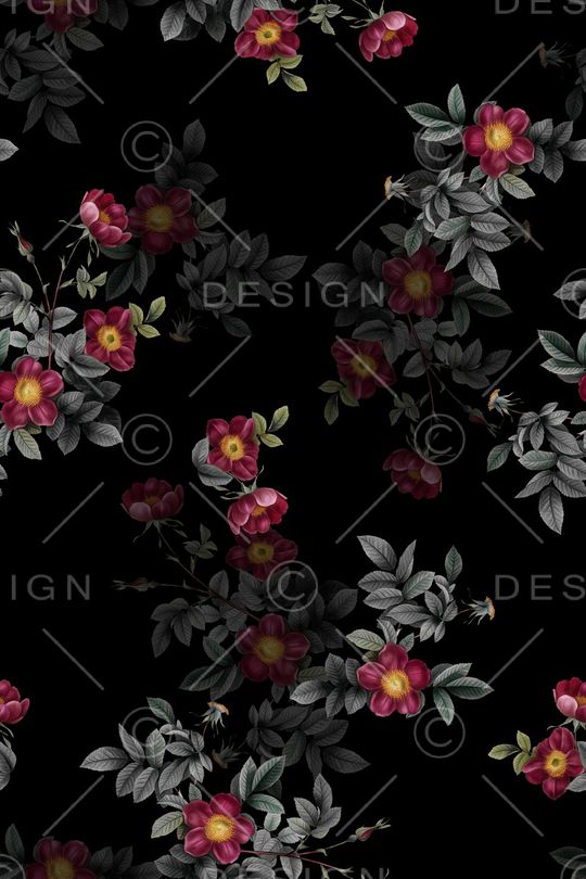 黑底花卉印花华亿平台图片