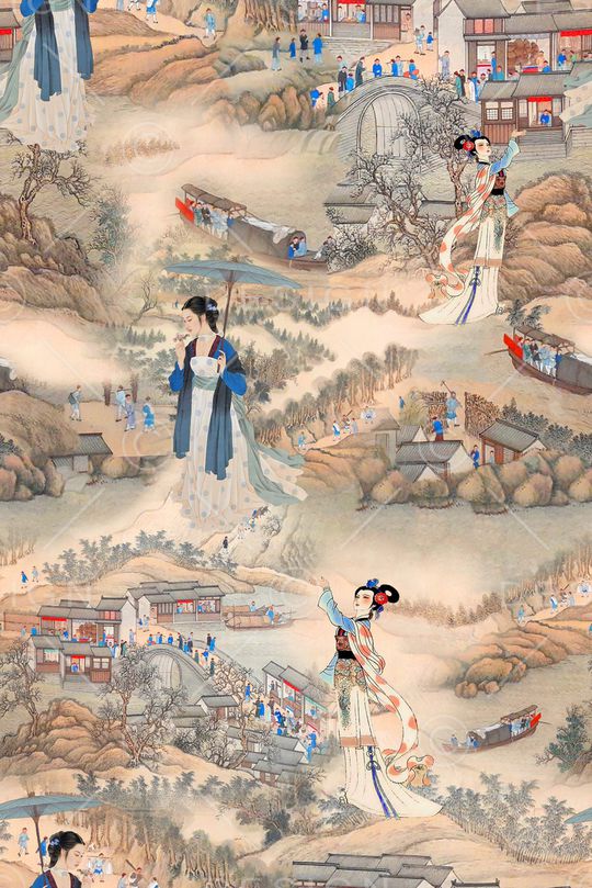 中国风人物印花华亿平台图片