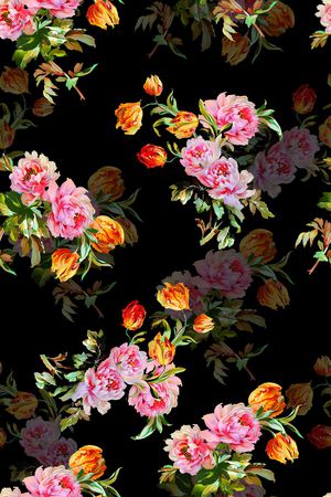 黑底花卉印花华亿平台图片