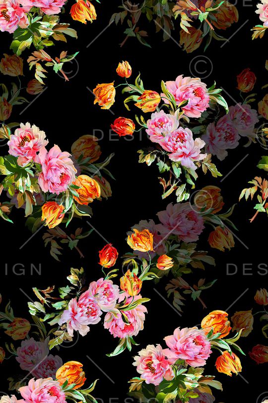 黑底花卉印花华亿平台图片