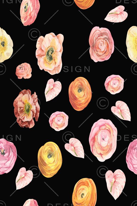 黑底花卉印花华亿平台图片