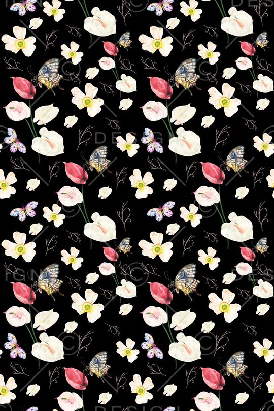 黑底花卉印花华亿平台图片