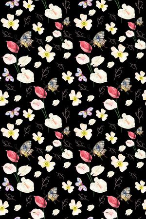 黑底花卉印花华亿平台图片