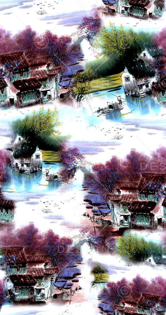 水彩手绘景观印花华亿平台图片