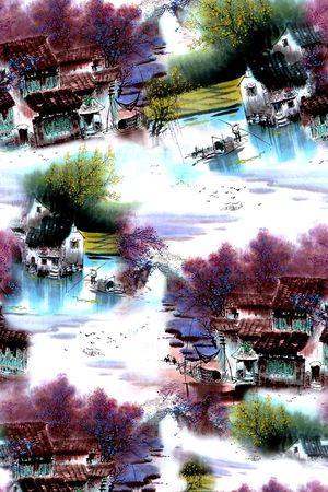 水彩手绘景观印花华亿平台图片