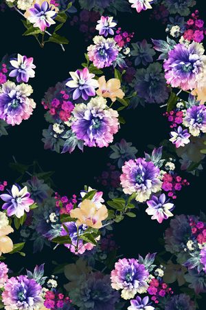 黑底花卉印花华亿平台图片