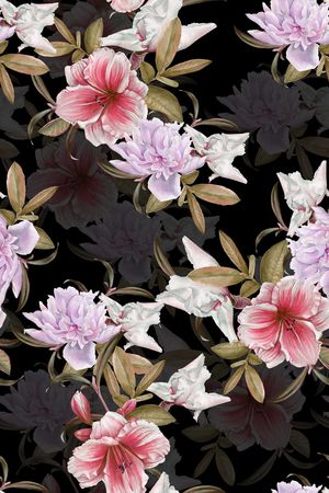 黑底花卉印花华亿平台图片