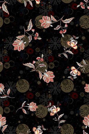 黑底花卉印花华亿平台图片