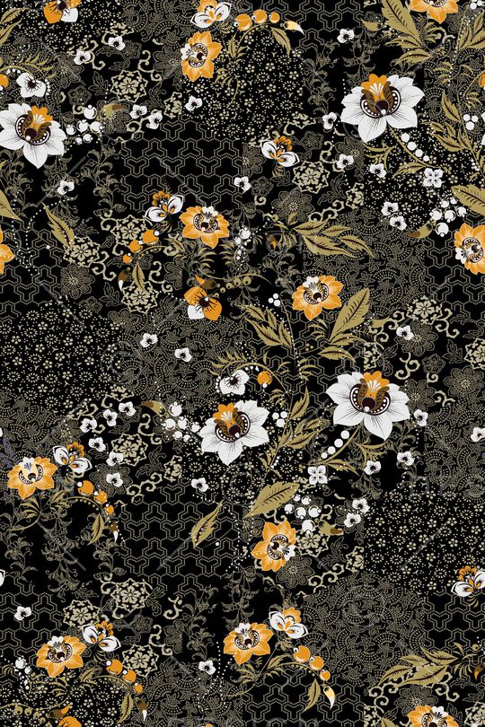 黑底花卉印花华亿平台图片