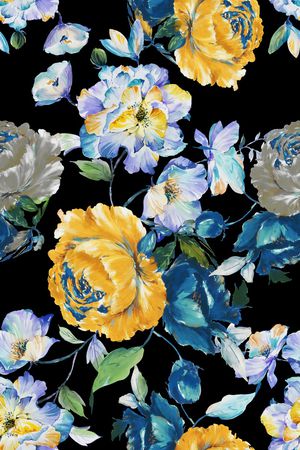 黑底花卉印花华亿平台图片