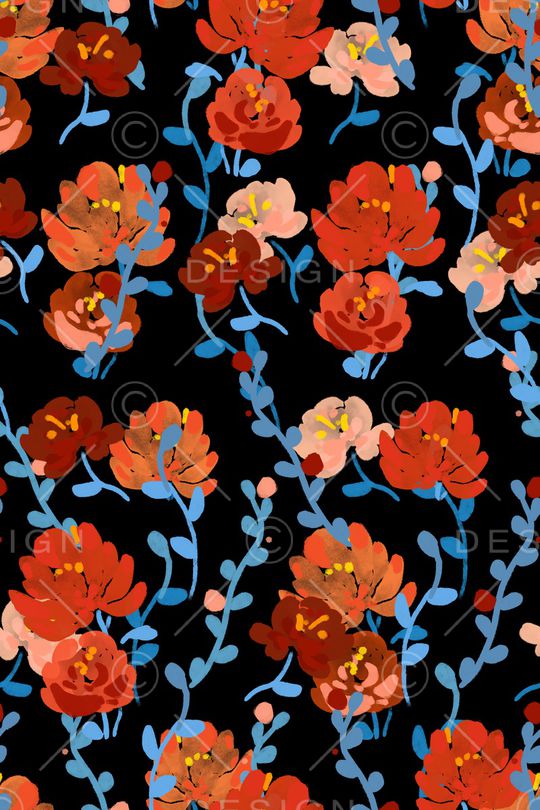 黑底花卉印花华亿平台图片