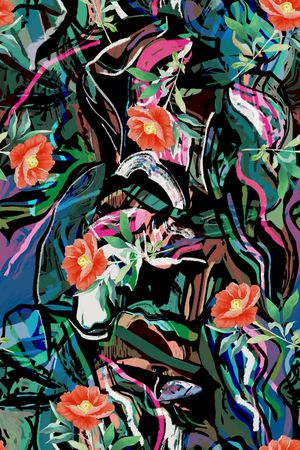 黑底花卉印花华亿平台图片