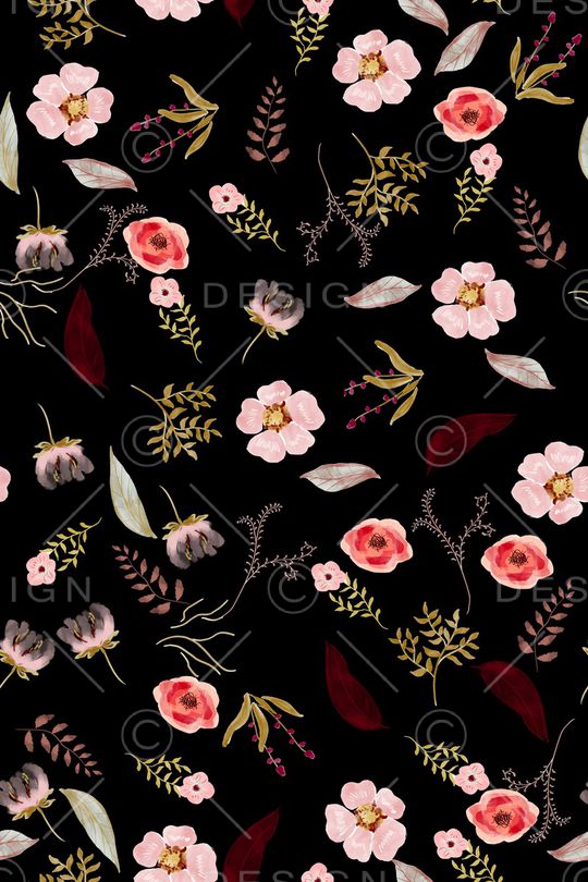 黑底花卉印花华亿平台图片