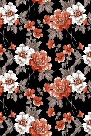 黑底花卉印花华亿平台图片