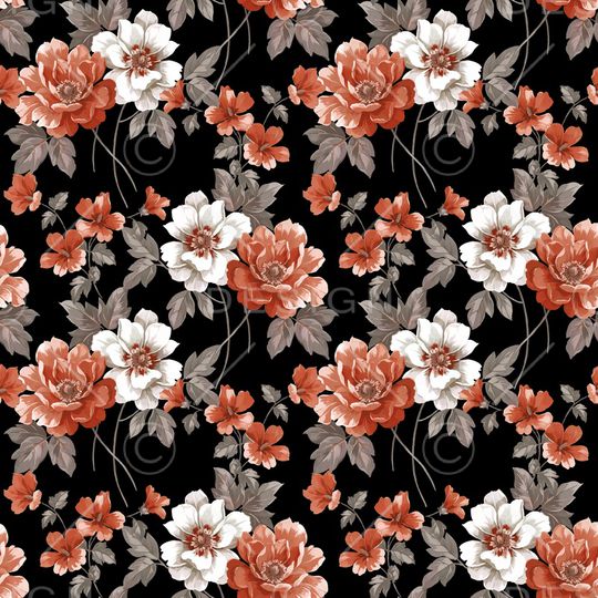 黑底花卉印花华亿平台图片