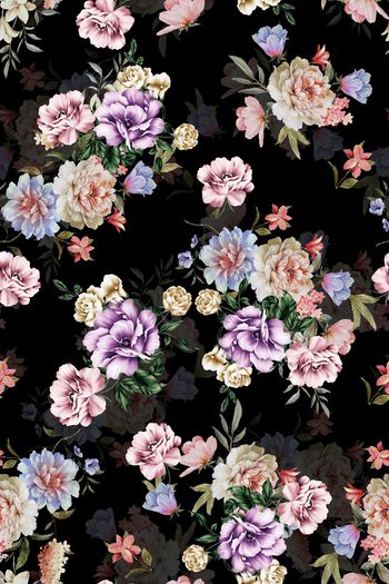 黑底花卉印花华亿平台图片