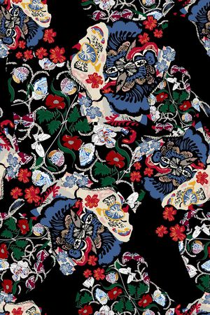 黑底花卉印花华亿平台图片