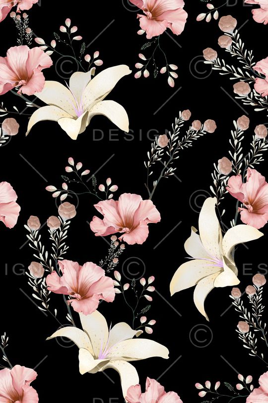 黑底花卉印花华亿平台图片