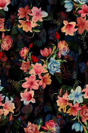 黑底花卉印花华亿平台图片