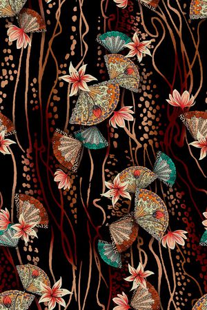 黑底花卉印花华亿平台图片