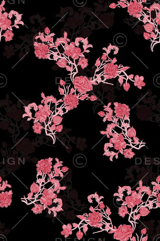 黑底花卉印花华亿平台图片