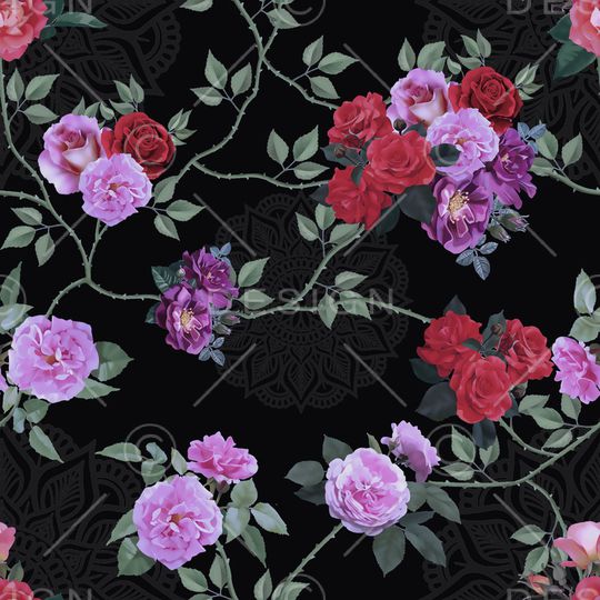 黑底花卉印花华亿平台图片