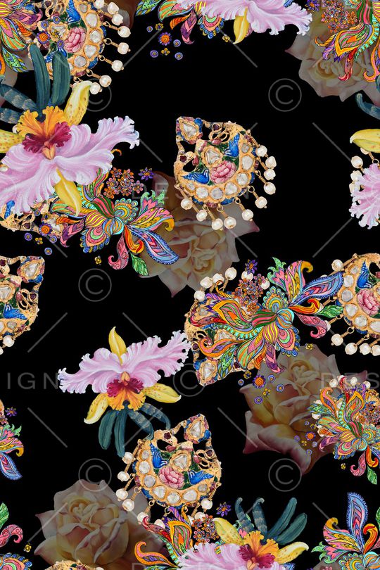 黑底花卉印花华亿平台图片