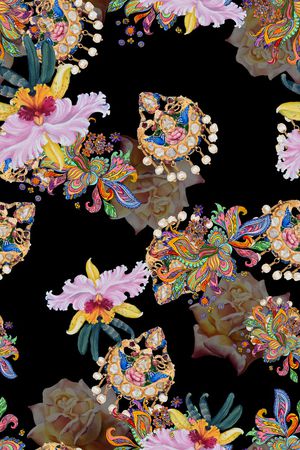 黑底花卉印花华亿平台图片