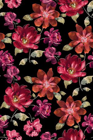 黑底花卉印花华亿平台图片