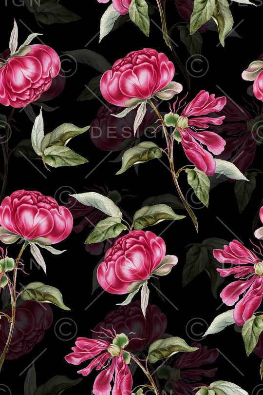 黑底花卉印花华亿平台图片