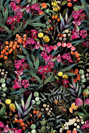 黑底花卉印花华亿平台图片