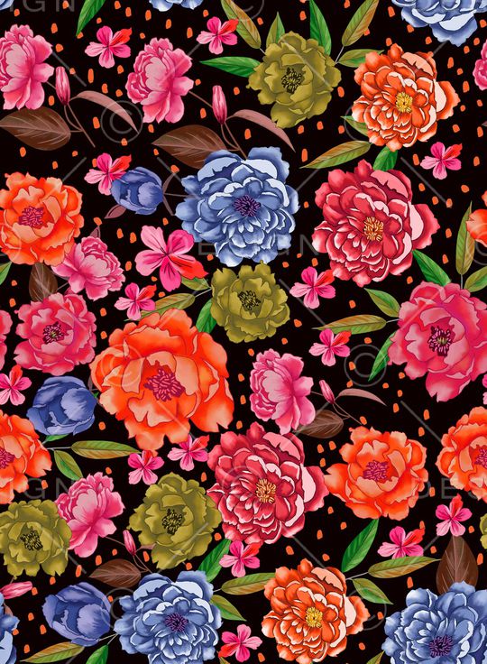 黑底花卉印花华亿平台图片