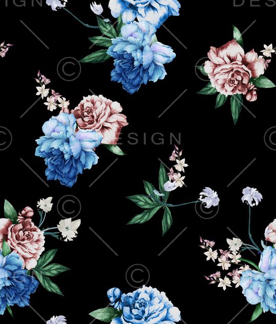 黑底花卉印花华亿平台图片