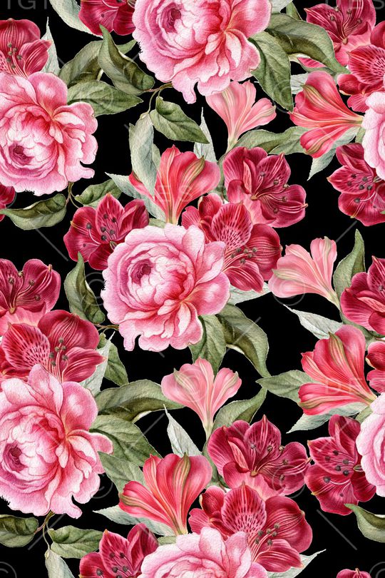 黑底花卉印花华亿平台图片