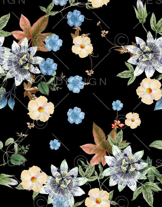 黑底花卉印花华亿平台图片