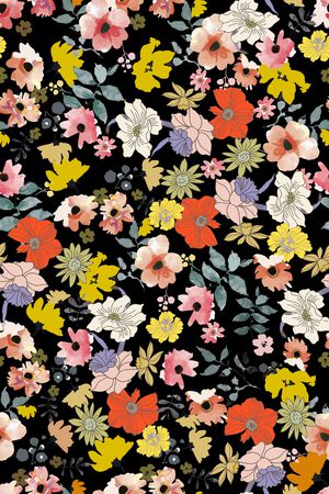 黑底花卉印花华亿平台图片